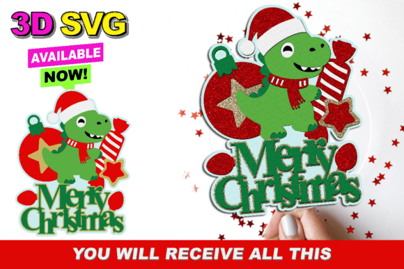 Christmas Dinosaur Topper 3D SVG for Crafts & Graphics