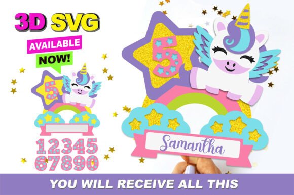 Unicorn Rainbow Cake Topper 3D SVG for Birthdays